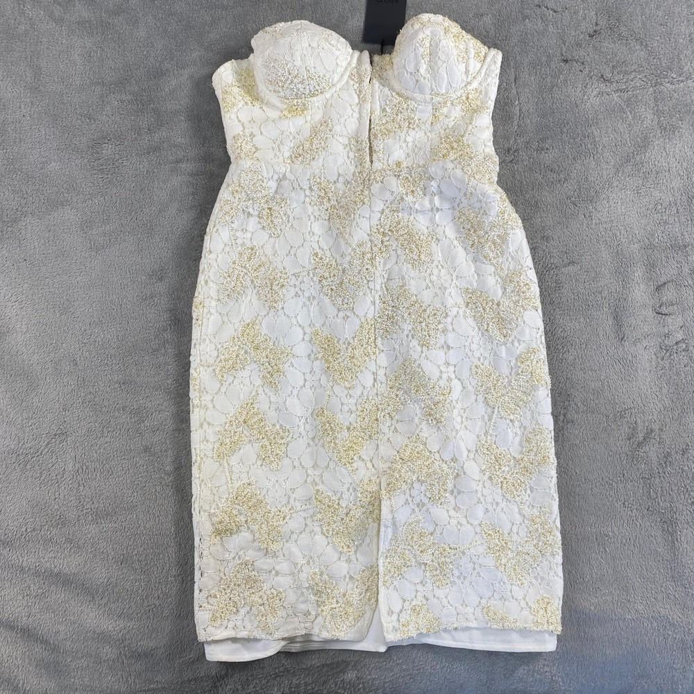 NBD Midi Dress Women XS WhiteGold Lace Bustier Strapless Metallic Bodycon Bridal